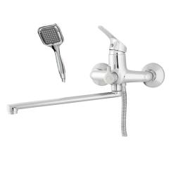 Смеситель для ванны/душа Melodia Moderno однорычажный, настенный, поворотный, керамический картридж, излив плоский 330 мм, с гибким шлангом, лейкой, латунь, цвет хром MDV35141