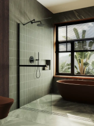 Душевая перегородка MaybahGlass, 195х79 см, прозрачное стекло/широкий профиль черный, правая/левая, плоская (панель), из закаленного стекла, (ограждение без поддона) стеклянная, правосторонная/левосторонная, универсальная