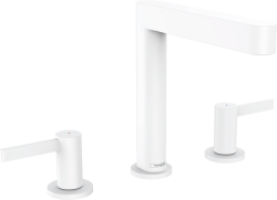 Смеситель для раковины Hansgrohe Finoris 160 на 3 отверстия, двухвентильный, фиксированный излив, длина 16,9 см, керамический, латунь, цвет матовый белый, со сливным клапаном Push-Open
