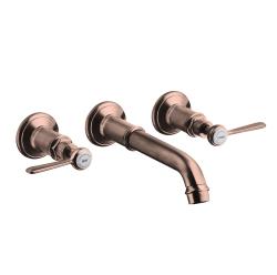 Смеситель для раковины Axor Montreux, на 3 отверстия, двухвентильный, с рычаговыми рукоятками, скрытого монтажа, настенный, фиксированный излив, длина излива 16,5-22,5 см, керамический, латунь, цвет шлифованное красное золото, незапираемый сливной на