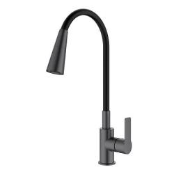 Смеситель для кухни/мойки Splenka S06.43.09 однорычажный, поворотный/гибкий излив, 2 режима поток воды и душ, керамический, высота 257 мм, длина 211 мм, латунь/силикон, цвет графит/черный