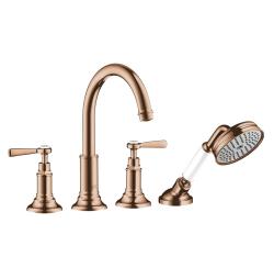 Смеситель для ванны Axor Montreux двухвентильный, с рычаговыми рукоятками, монтаж на плитку, скрытый, неповоротный, длина излива 19,6 см, латунь, цвет полированное красное золото, с душевым шлангом/лейкой, на 4 отверстия, для 2-х потребителей