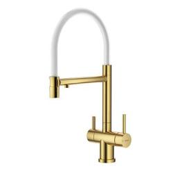 Смеситель для кухни/мойки Splenka S70.63.03 с подключением фильтра, однорычажный, поворотный/гибкий, керамический, излив 227 мм, высота излива 231 мм нержавеющая сталь/силикон, цвет золотой сатин/белый