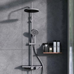 Душевая система Damixa Apollo, высота 1050-1450 мм, цвет черный матовый, комплект: термостатический смеситель-полка/излив/тропический душ круглый (с верхней лейкой)/стойка/лейка/шланг, латунь/пластик