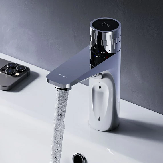 Смеситель для раковины/умывальника AM.PM Gem с индикацией температуры, излив 99 мм, неповоротный, прогрессивный картридж, латунь, цвет хром