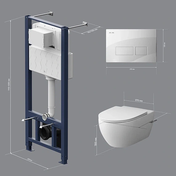 Комплект унитаза с инсталляцией AM.PM Awe, c сиденьем микролифт, с клавишей смыва (кнопкой, клавишей двойного смыва) белый, система для подвесного унитаза, со скрытым смывным бачком (бак), с подвесным унитазом