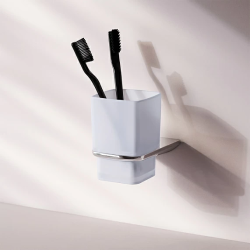 Стакан AM.PM Inspire 2.0, с держателем, настенный, стекло/сталь, форма прямоугольная, для зубных щеток в ванную/туалет/душевую кабину, цвет хром