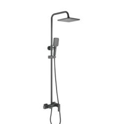 Душевая система SHEVANIK, высота 1320 мм, цвет черный матовый, комплект: однорычажный смеситель с изливом/тропический душ (с верхней лейкой)/стойка/лейка/шланг, наружного монтажа