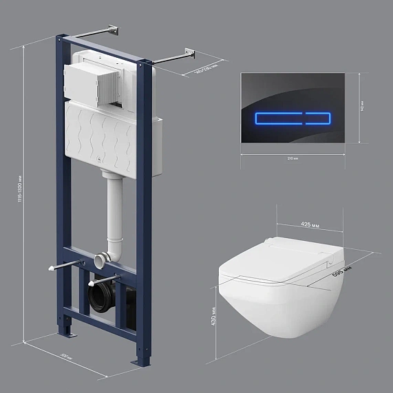 Комплект унитаз-биде с инсталляцией AM.PM Inspire 2.0, c сиденьем микролифт, с клавишей смыва, управление сенсорное, черный матовый, система для подвесного унитаза, со скрытым смывным бачком (бак)