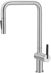 Смеситель для кухни/мойки Deante Momi однорычажный, поворотный, с выдвижным U-изливом, керамический, длина излива 225 мм, латунь, цвет сталь