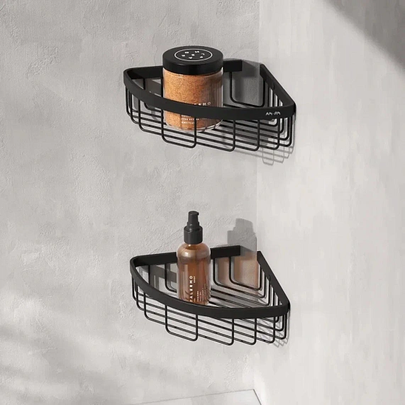 Полка-корзина AM.PM Sense L, двухъярусная, настенная, нержавеющая сталь, форма четверть круга, цвет: черный матовый