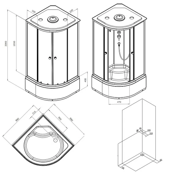 Душевая кабина AM.PM X-Joy 90x90 см поддон высокий, четверть круга/угловая, стекло прозрачное 4 мм, заднее белое, с верхним душем, профиль серебристый, без гидромассажа, с крышей