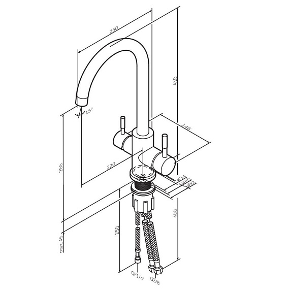 Смеситель для кухни/мойки Am.Pm X-Joy S однорычажный, поворотный, с каналом для питьевой воды, керамический, с высоким изливом, длина 220 мм, нержавеющая сталь, цвет хром