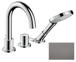 Смеситель для ванны Axor Uno на борт ванны однорычажный, с рукояткой-петлей, неповоротный, латунный, длина излива 17,5 см, керамический, цвет шлифованный черный хром, с душевым шлангом/лейкой, на 3 отверстия