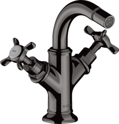 Смеситель для биде Axor Montreux двухвентильный, с крестообразными рукоятками, керамический, фиксированный излив, длина 10,4 см, латунь, цвет полированный черный хром, без шланга/лейки, с донным клапаном