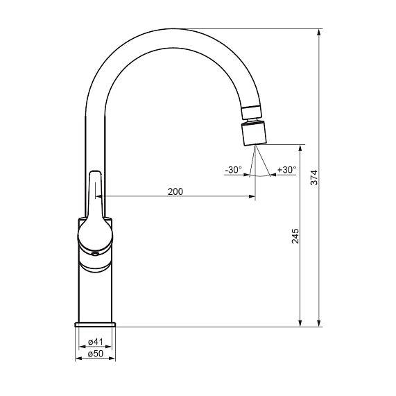 Смеситель для кухни/мойки Damixa Eclipse однорычажный, поворотный, с двухрежимным регулируемым аэратором, керамический, с высоким изливом, длина 200 мм, латунь, цвет хром