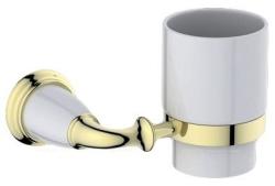 Стакан Art&Max Bianchi, с держателем, настенный, латунь/керамика, форма округлая, для зубных щеток в ванную/туалет/душевую кабину, цвет золото