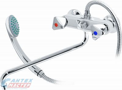 Смеситель для ванны/душа Варион VarioFin Лазер двухвентильный, керамический, настенный, излив поворотный 300 мм, с гибким шлангом, душем/лейкой, латунь хром, длинный, универсальный, горизонтальный, вентильный, кран, комплект, сантехника