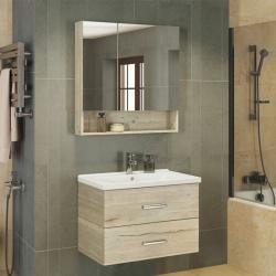 Тумба с раковиной Comforty Парма 80, 80х54х45 см, подвесная, 2 выдвижных ящика, ЛДСП, прямоугольная, цвет- дуб дымчатый/раковина Миранда 80, прямоугольная, цвет белый, встраиваемая