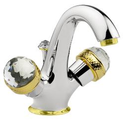 Смеситель для раковины Migliore Axo Swarovski, двухвентильный, излив короткий, неповоротный, длина 130 мм, керамический, латунь, цвет хром/золото