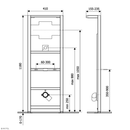 Инсталляция KK-POL для писсуара 1180х410х155 мм монтажная рама, скрытая, в сборе, встроенная, металл