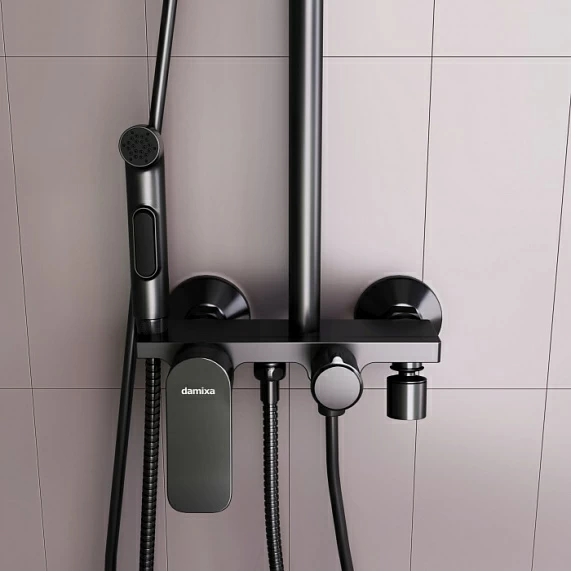 Душевая система Damixa Origin Bit, со смесителем цвет черный матовый, без смесителя, комплект: тропический душ (с верхней лейкой)/стойка/лейка/шланг