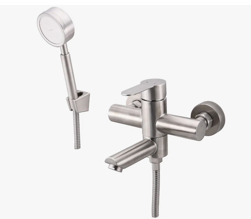 Смеситель для ванны/душа Maxonor, настенный, однорычажный, неповоротный, длина излива 124 мм, керамический, нержавеющая сталь, цвет сатин