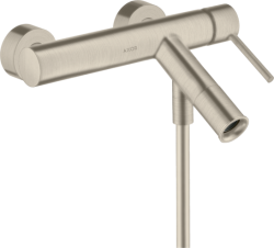 Смеситель для ванны Axor Starck, однорычажный, с плоской рычаговой рукояткой, настенный, наружнего/внешнего монтажа, неповоротный, латунный, длина излива 20 см, керамический, цвет шлифованный никель, без душевого шланга/лейки