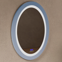 Зеркало Abber Stein, 60х80 см, с LED/ЛЕД-подсветкой, овальное, цвет рамы: голубой, выключатель сенсорный, Bluetooth-плеер, датчик температуры, часы, для ванны, навесное/подвесное/настенное