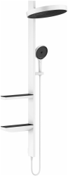 Душевая система Hansgrohe Rainfinity Showerpipe 360, высота 140 см, цвет матовый белый/графит, комплект: верхний душ/ручной душ/держатель для душа/шланг для душа/полочки/душевая штанга, скрытого монтажа, настенная, латунная/стеклянная, для душа/ванно