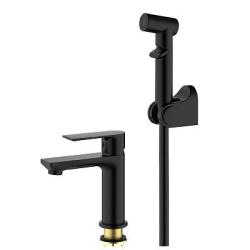 Смеситель для раковины/умывальника Splenka S05.12.06 с гигиеническим душем, однорычажный, неповоротный, латунь, длина излива 112 мм, керамический, цвет черный