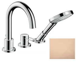 Смеситель для ванны Axor Uno на борт ванны однорычажный, с рукояткой-петлей, неповоротный, латунный, длина излива 17,5 см, керамический, цвет полированное красное золото, с душевым шлангом/лейкой, на 3 отверстия