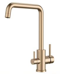 Смеситель для кухни/мойки Voda Kitchen FW519G с каналом для фильтрованной воды, двухрычажный, поворотный, керамический картридж, излив 200 мм, высота излива 273,3 мм PPA, цвет золото