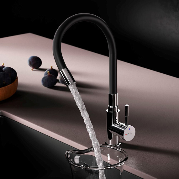 Смеситель для кухни/мойки Am.Pm X-Joy S однорычажный, поворотный/гибкий излив, высокий, керамический картридж, длина 260 мм, нержавеющая сталь/силикон, цвет хром, черный излив