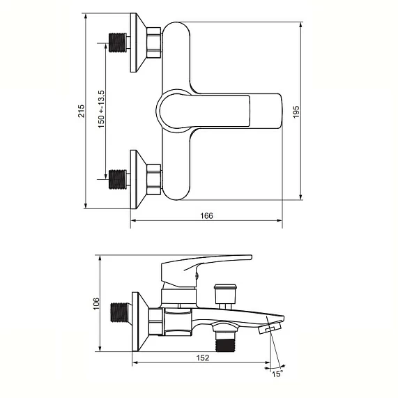 Смеситель для ванны/душа Damixa Eclipse 2.0 однорычажный, керамический, настенный, излив короткий литой 152 мм, латунь, цвет хром