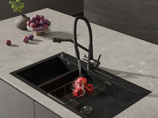 Смеситель для кухни/мойки Cersanit Vivo однорычажный, поворотный/выдвижной/гибкий излив, керамический, высота 200 мм, длина 243 мм, нержавеющая сталь/силикон, цвет черный