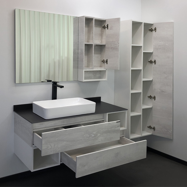 Тумба с раковиной Comforty Прага 120, 120х62,5х52 см, подвесная, 2 выдвижных ящика/открытые полки, ЛДСП, прямоугольная, цвет- дуб белый/графит/раковина COMFORTY T-Y9378, прямоугольная, цвет белый, накладная