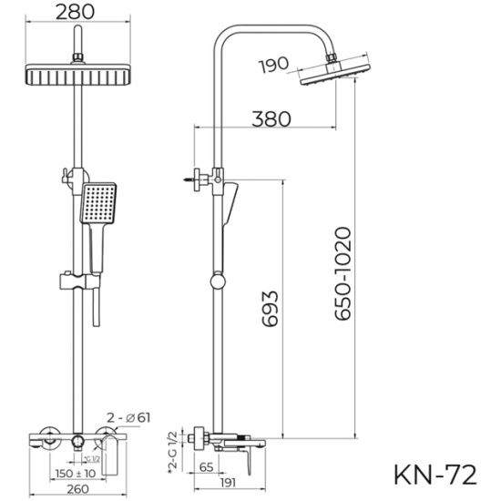 Душевая система Knotlor Vigor, высота 1350 мм, цвет матовый черный, комплект: однорычажный смеситель/излив/тропический душ (с верхней лейкой)/стойка/лейка/шланг, наружного монтажа