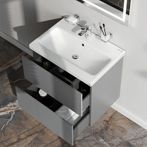 Тумба под раковину AM.PM Gem 60, 600x410x540 мм, подвесная, цвет графит матовый, 2 выдвижных ящика, под раковину/умывальник, прямоугольная, универсальная