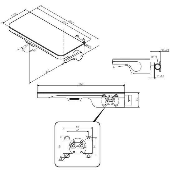 Смеситель для раковины/умывальника AM.PM Func встраиваемый, однорычажный, неповоротный, керамический, латунь, цвет черный