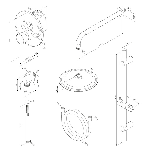 Душевая система Damixa Scandinavian Pure встраиваемая, цвет хром, комплект: смеситель/тропический душ круглый (с верхней лейкой)/лейка/шланг/штанга, латунь/ABS-пластик/ПВХ, скрытого монтажа 