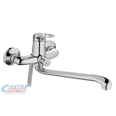 Смеситель для ванны/душа Haiba Лайт однорычажный, керамический, настенный, излив поворотный, латунь, цвет суперсталь, длинный, универсальный, горизонтальный, рычажный, кран, комплект, сантехника, размер, характеристики, высота, расстояние (Хайба)