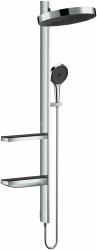 Душевая система Hansgrohe Rainfinity Showerpipe 360, высота 140 см, цвет хром/графит, комплект: верхний душ/ручной душ/держатель для душа/шланг для душа/полочки/душевая штанга, скрытого монтажа, настенная, латунная/стеклянная, для душа/ванной