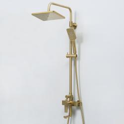 Душевая система WasserKRAFT Aisch, высота 950-1350 мм, цвет золото матовое, комплект: однорычажный смеситель/излив/тропический душ (с верхней лейкой)/стойка/лейка/шланг, наружного монтажа