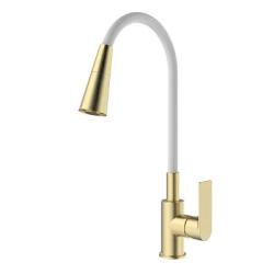 Смеситель для кухни/мойки Splenka S05.43.03 однорычажный, поворотный/гибкий излив, 2 режима поток воды и душ, керамический, высота 257 мм, длина 211 мм, латунь/силикон, цвет золотой сатин/белый