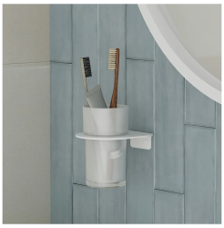 Подстаканник одинарный IDDIS Noa, настенный, сплав металлов/стекло, форма округлая, для щеток в ванную/туалет/душевую кабину, цвет белый матовый