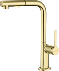 Смеситель для кухни/мойки Paulmark Neo, однорычажный, поворотный/выдвижной излив, керамический картридж, высокий, длина излива 210 мм, латунь, цвет золото