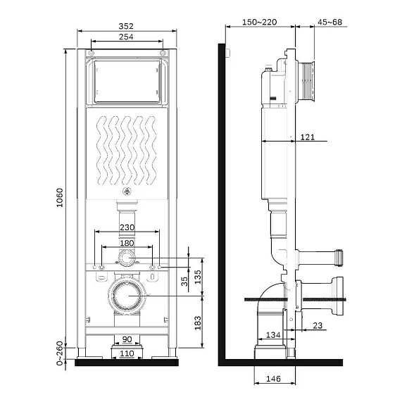 Инсталляция для подвесного унитаза AM.PM ErgoFit без кнопки смыва, система для подвесного унитаза, со скрытым смывным бачком (бак), комплект, размеры рамы (каркас) 352x1320x150 мм