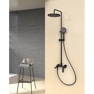 Душевая система Splenka S04.24.06 высота 820-1475 мм цвет черный, комплект: однорычажный смеситель/излив/тропический душ круглый (с верхней лейкой)/лейка/стойка/шланг, латунь