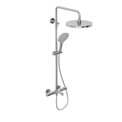 Душевая система Abelsberg Perfecta с термостатом, высота 900−1300 мм цвет глянцевый хром, комплект: смеситель/излив/тропический душ округлый (с верхней лейкой)/лейка/стойка/шланг, латунь/ABS-пластик